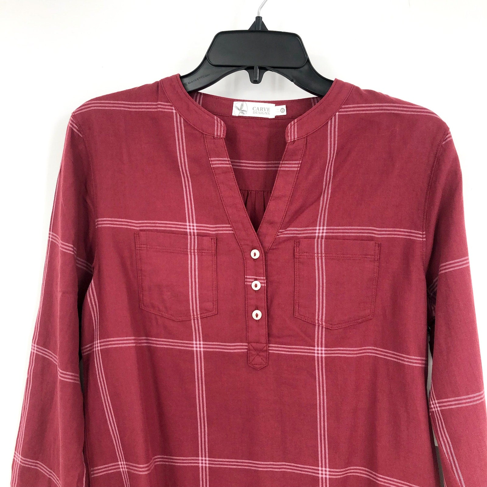 CARVE DESIGN Women's Dylan Twill Shirt XS Red Brick Windowpane V Neck NWT