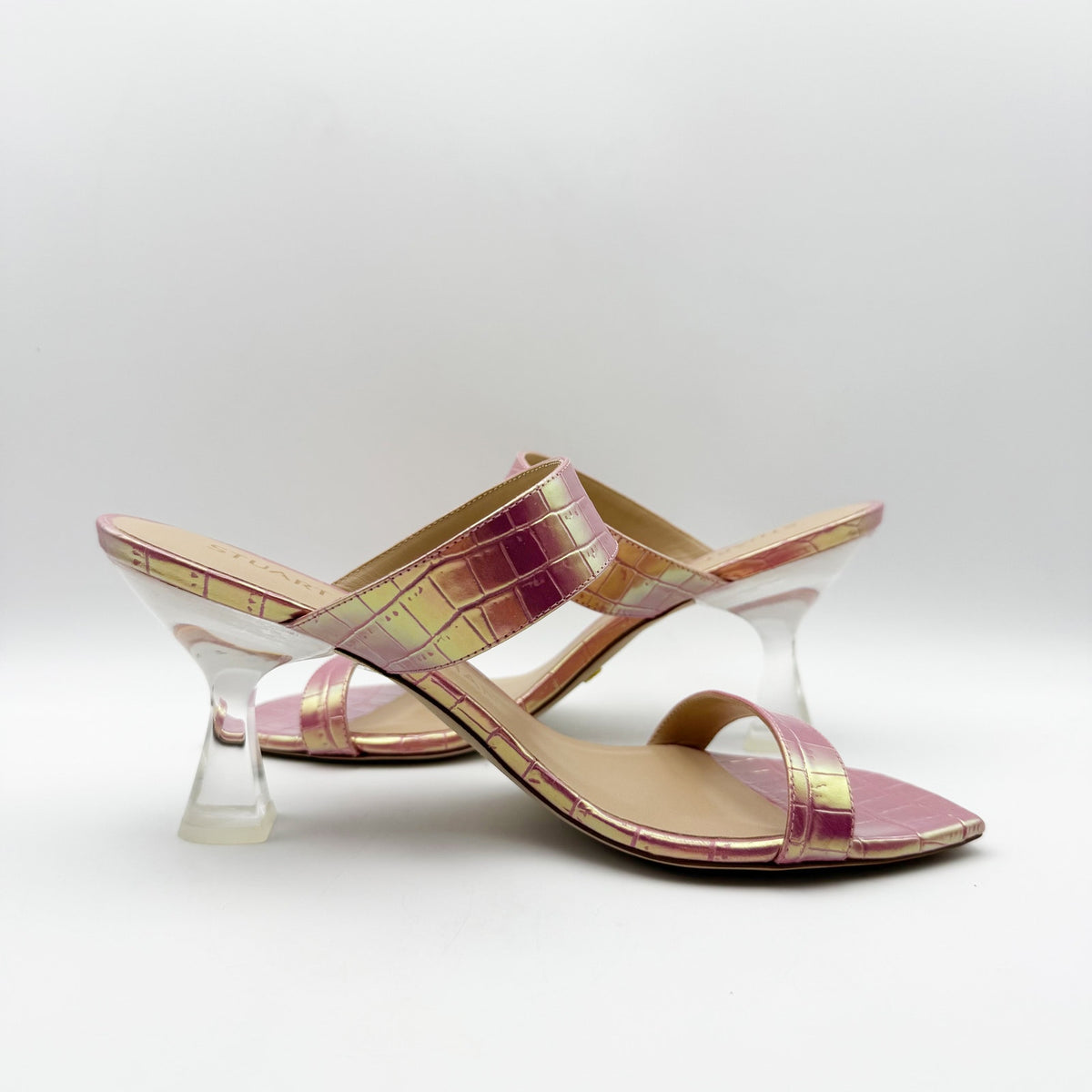 Stuart Weitzman Kristal Heeled Sandals Size 9 M Pink Iridescent Leather NIB