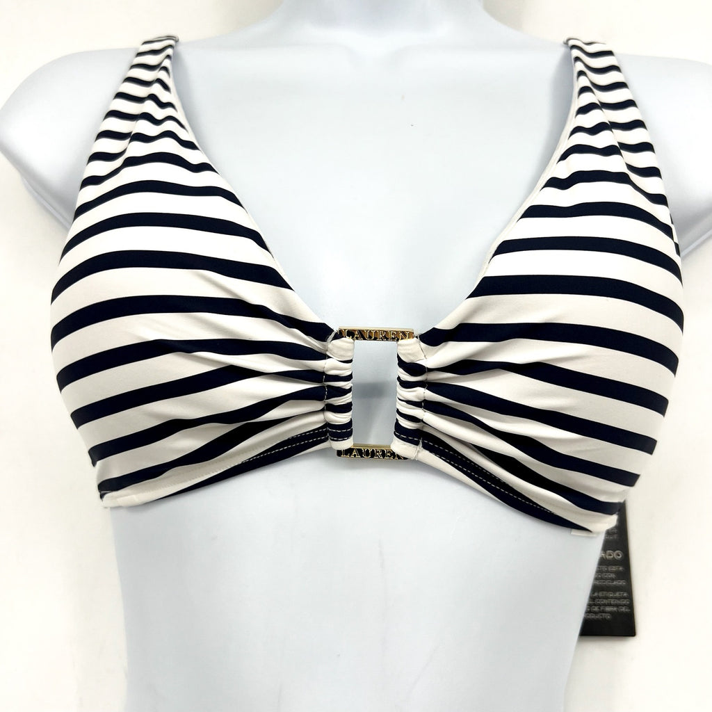 LAUREN RALPH LAUREN Luxe Ring Front Bikini Top Size 8 Navy Blue White Stripe NWT