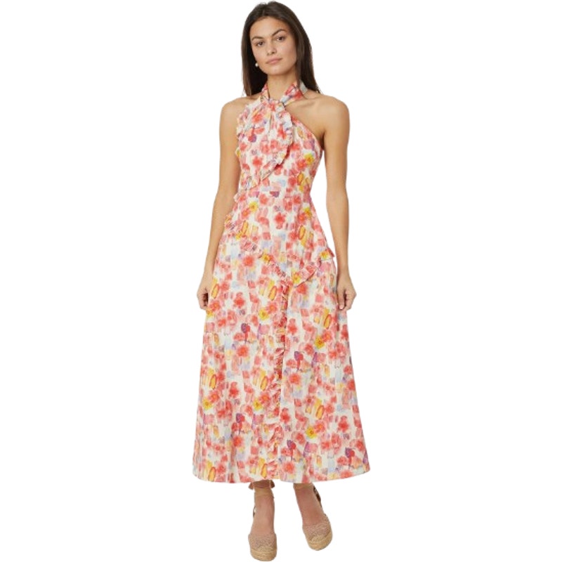 EN SAISON Women's Giada Midi Dress Small Pink Coral Floral Print Halter NWOT
