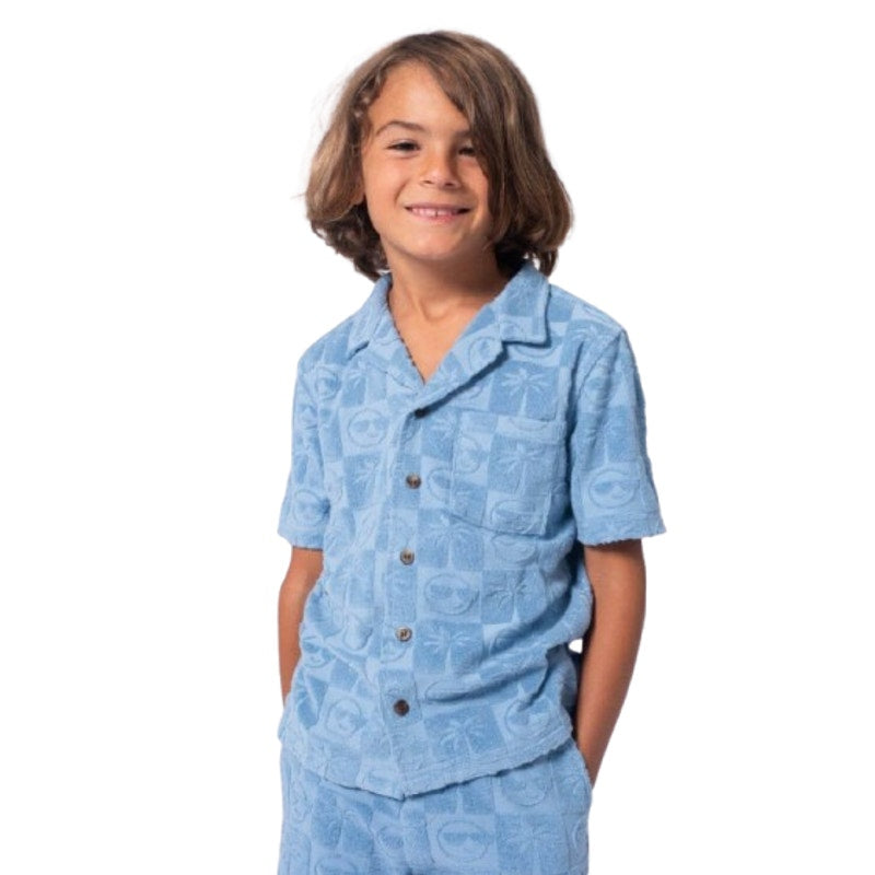 APPAMAN Boy's Resort Terry Shirt Size 8 Denim Blue Printed Short Sleeve NWT