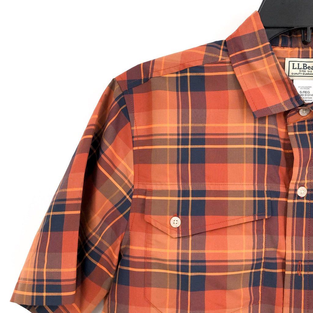 L.L.BEAN Mens Short Sleeve Shirt Small Orange Blue Plaid SunSmart Cool Weave NWT