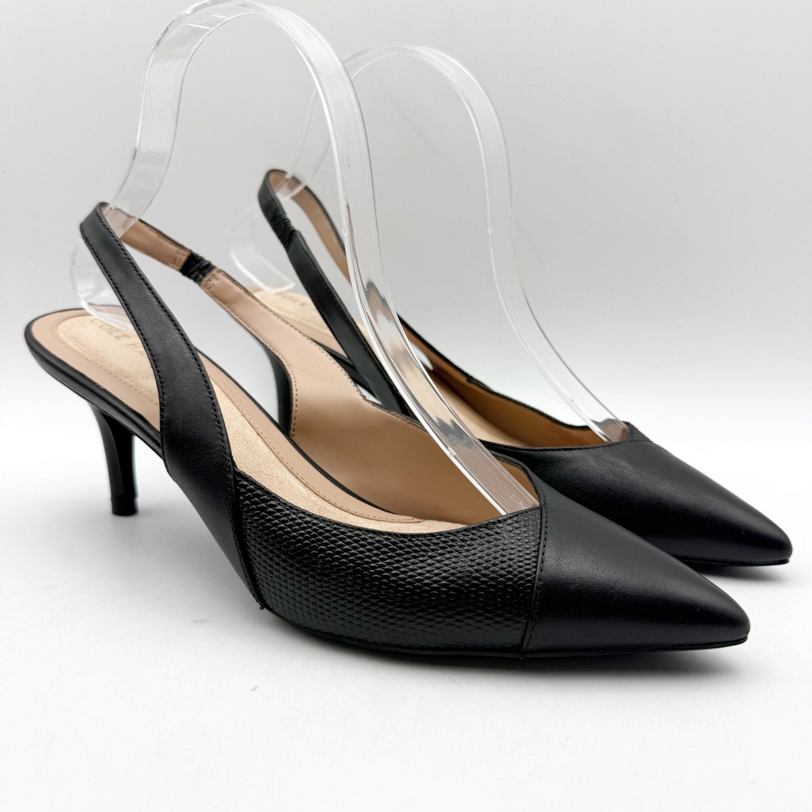 Cole Haan Womens The Go-To Slingback Pump US 8 B Black Leather Lizard Print NWOB