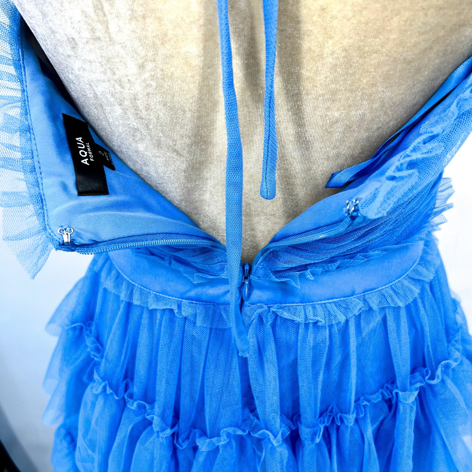 AQUA Women's Tulle Tiered Ruffle Gown Size 2 Cornflower Blue Open Back Dress NWT