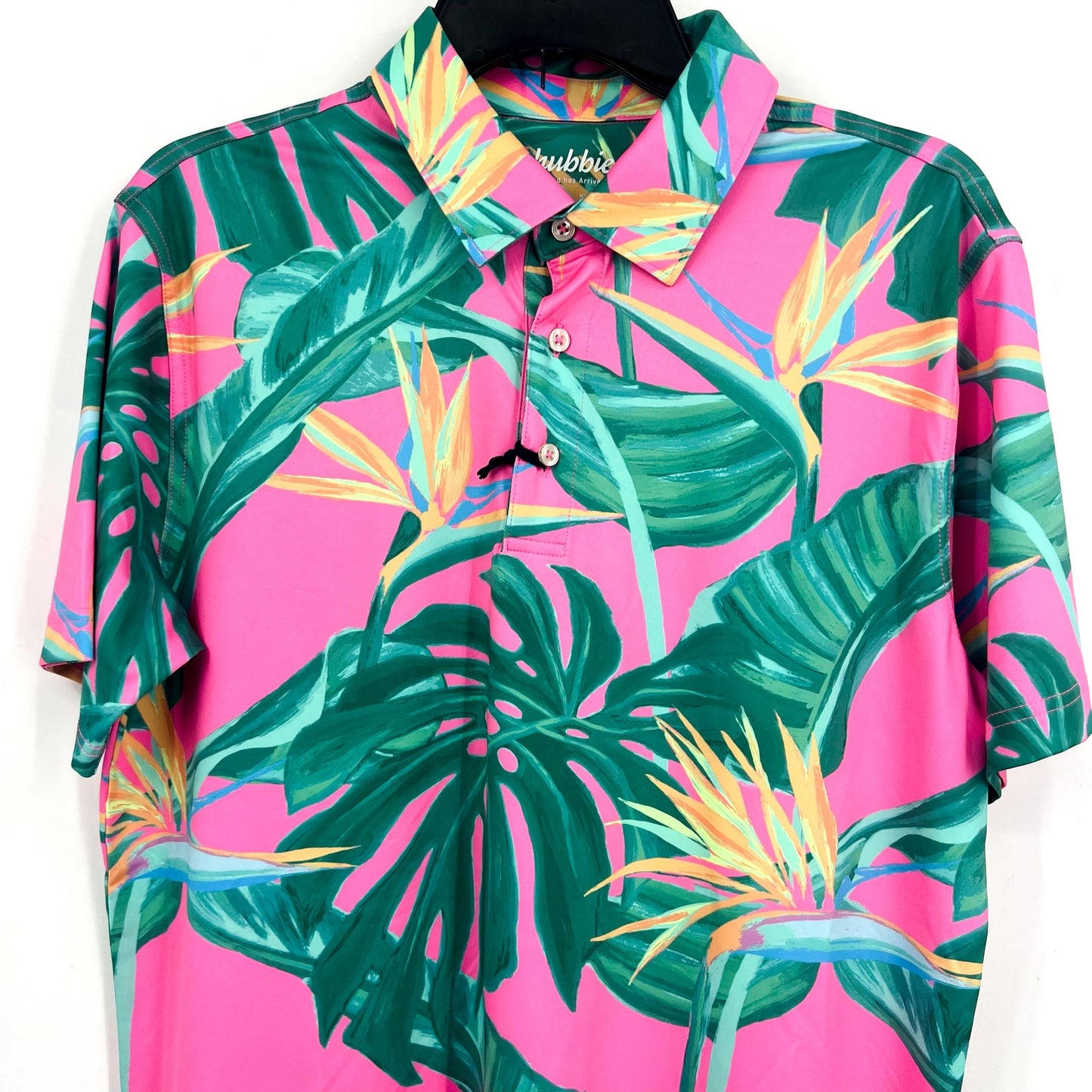 CHUBBIES Mens Performance Polo XL Pink Green Birds of Paradise Short Sleeve NWT
