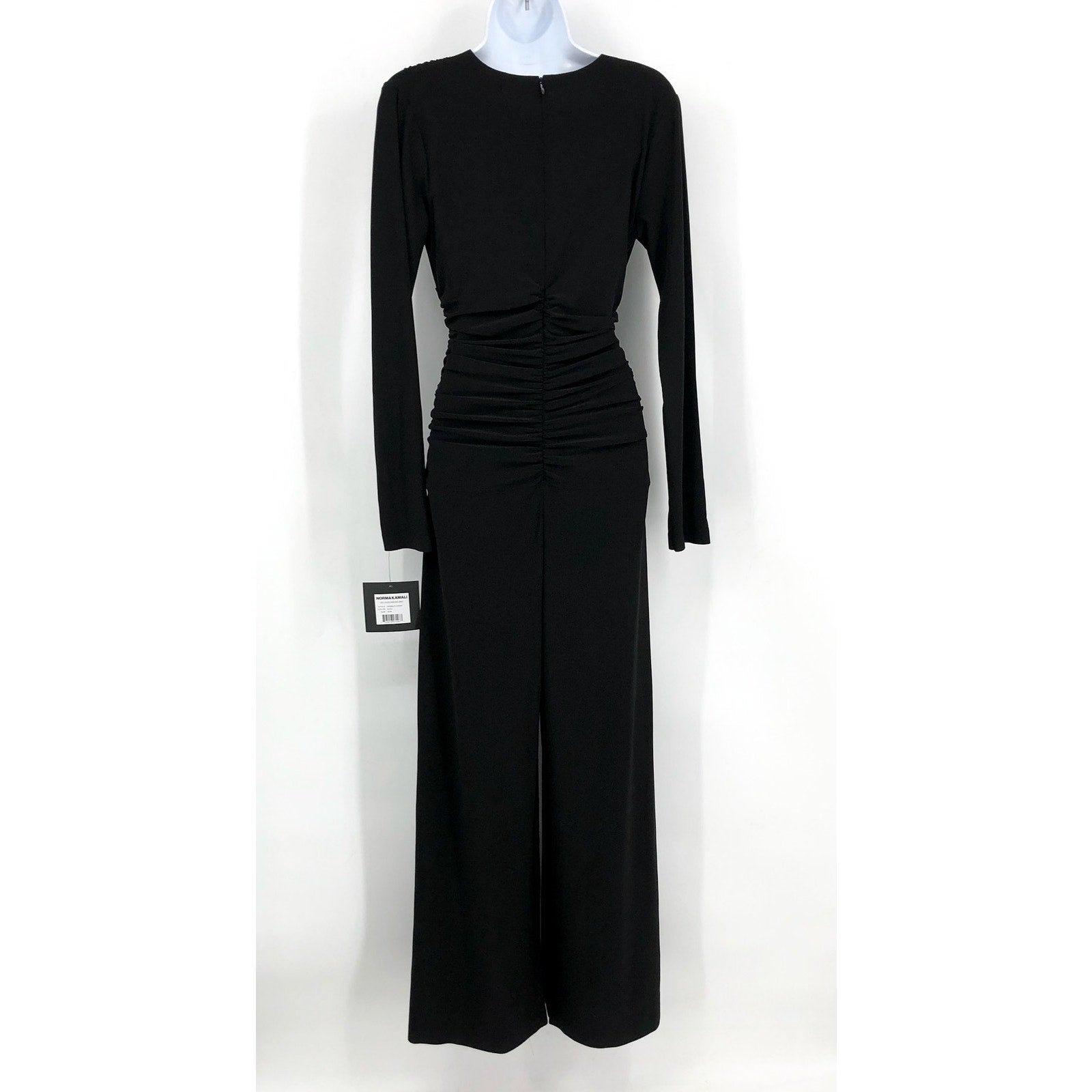 NORMA KAMALI V-Neck Shirred Waist Jumpsuit Medium 38 Black Long Sleeve NWT
