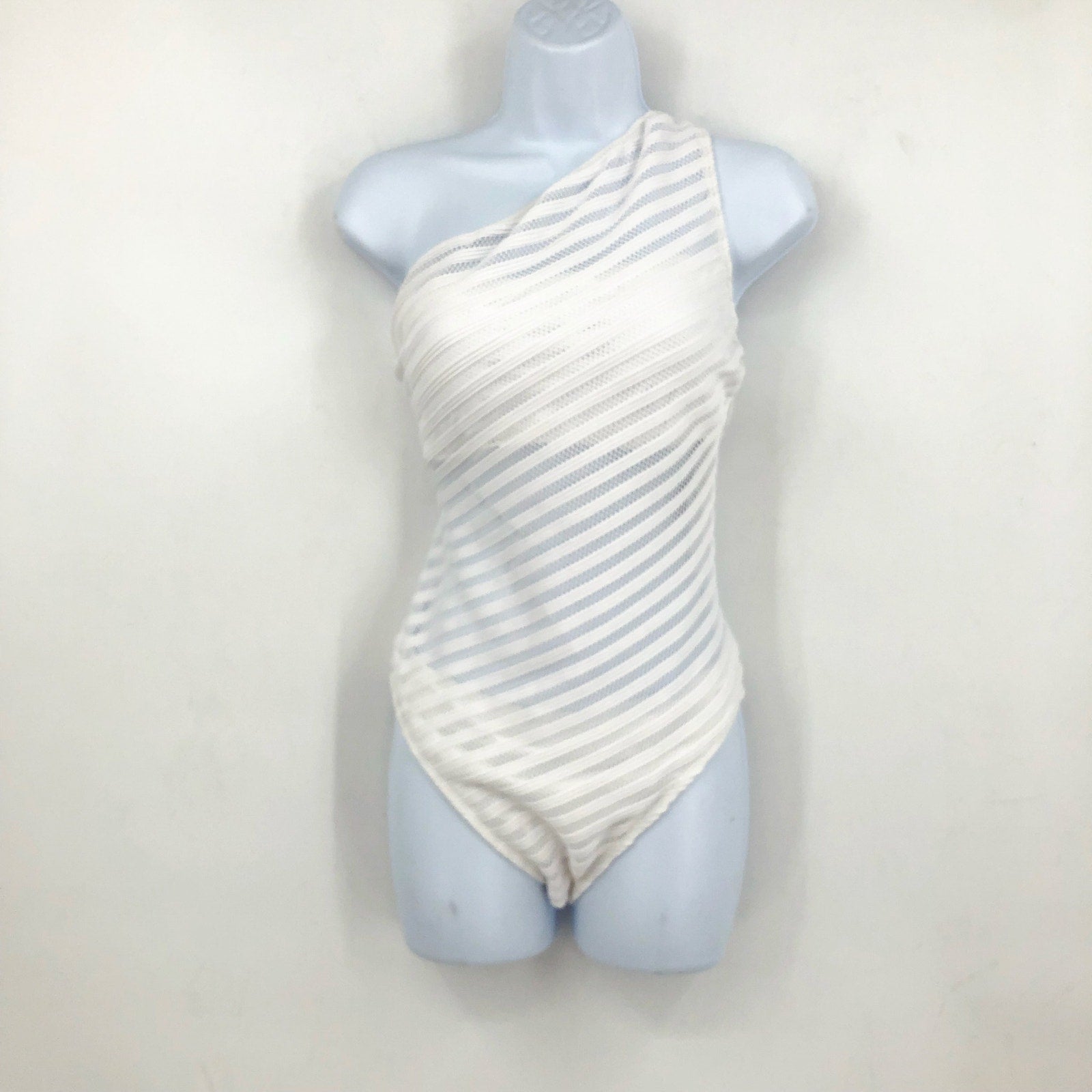 RALPH LAUREN Ottoman Mesh One-Piece Swimsuit Size 12 White One Shoulder NWT