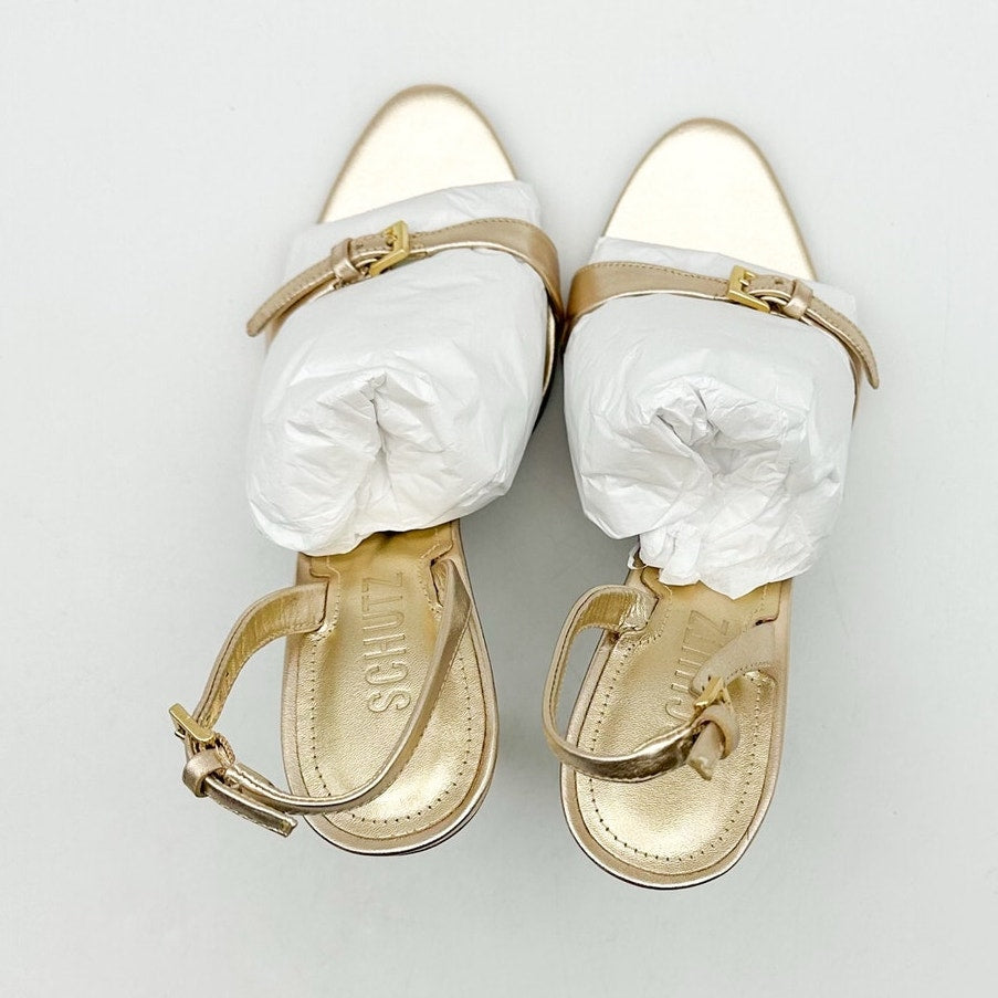 SCHUTZ Womens Aurora Sling Heeled Sandals Size 7.5 Platina Gold Stiletto NWOB
