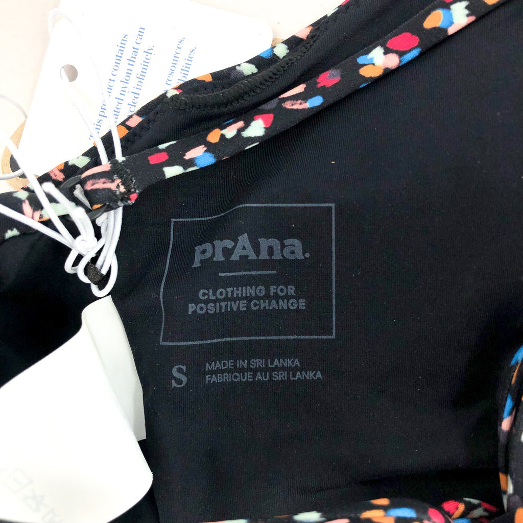 PRANA Women's Onyx Bay Bikini Top Small Black Alotta Dots High Neck NWT