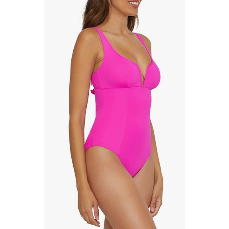BECCA Women's Color Code V-Wire One Piece Swimsuit Large Vivid Pink Stretch NWT
