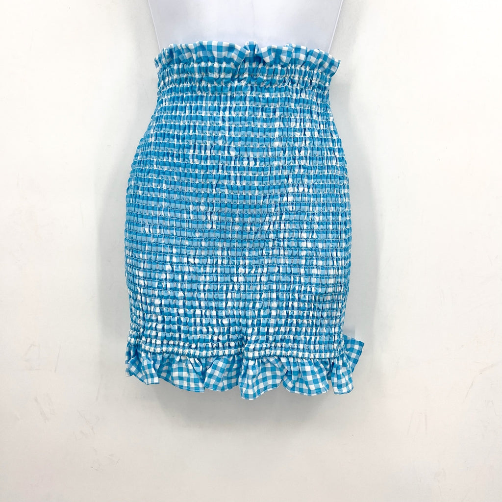 BCBGENERATION Women's Smocked Woven Mini Skirt XL Bluecomb Gingham NWOT