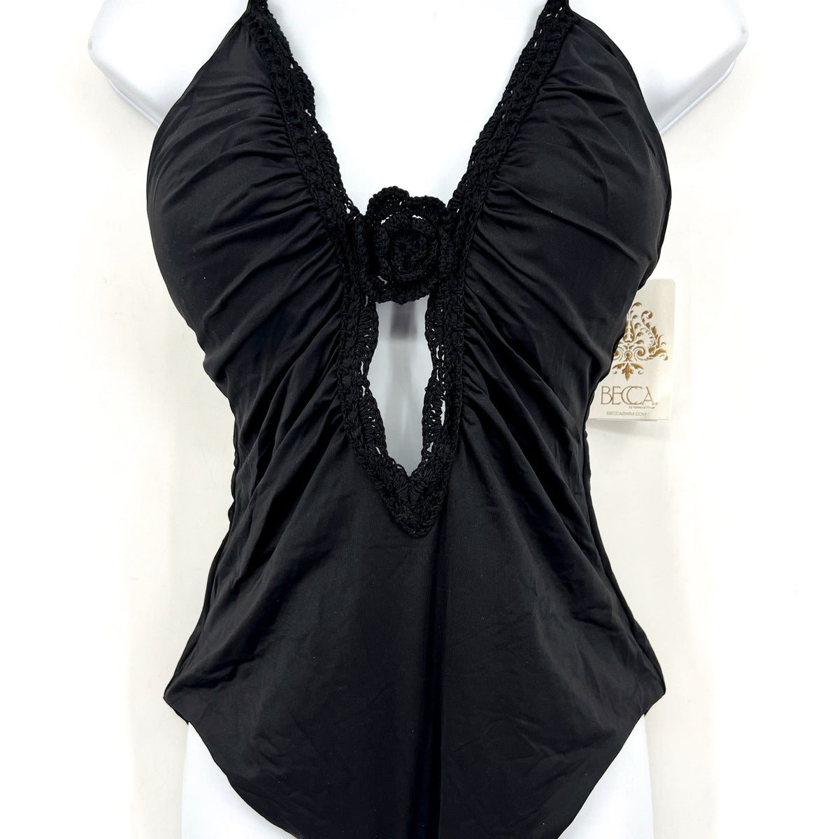 BECCA Colette Clare Plunge One Piece Swimsuit Large Black Crochet Flower NWT