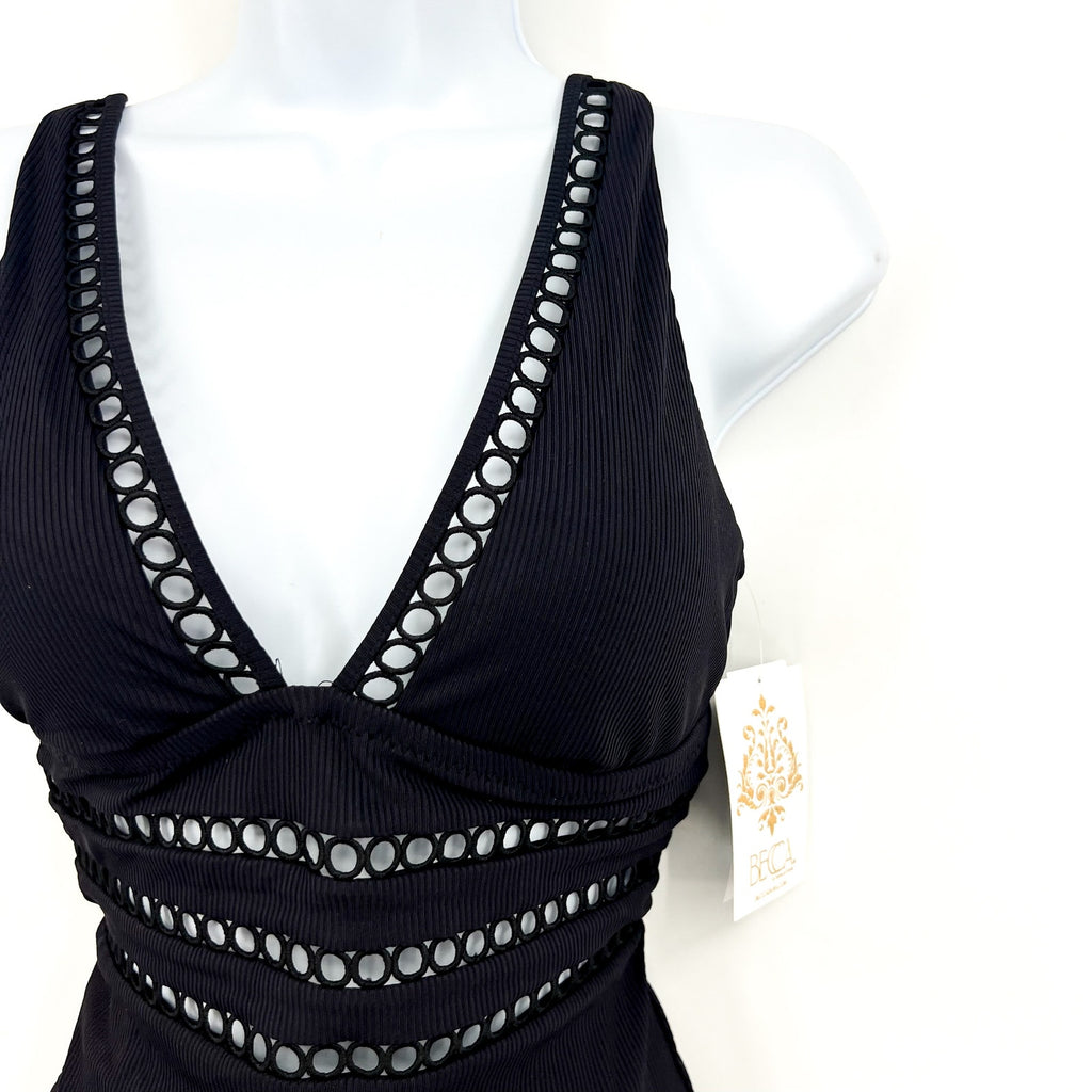 BECCA Women's Toni Plunge One Piece Swimsuit Medium Black Modern Edge Rib NWT