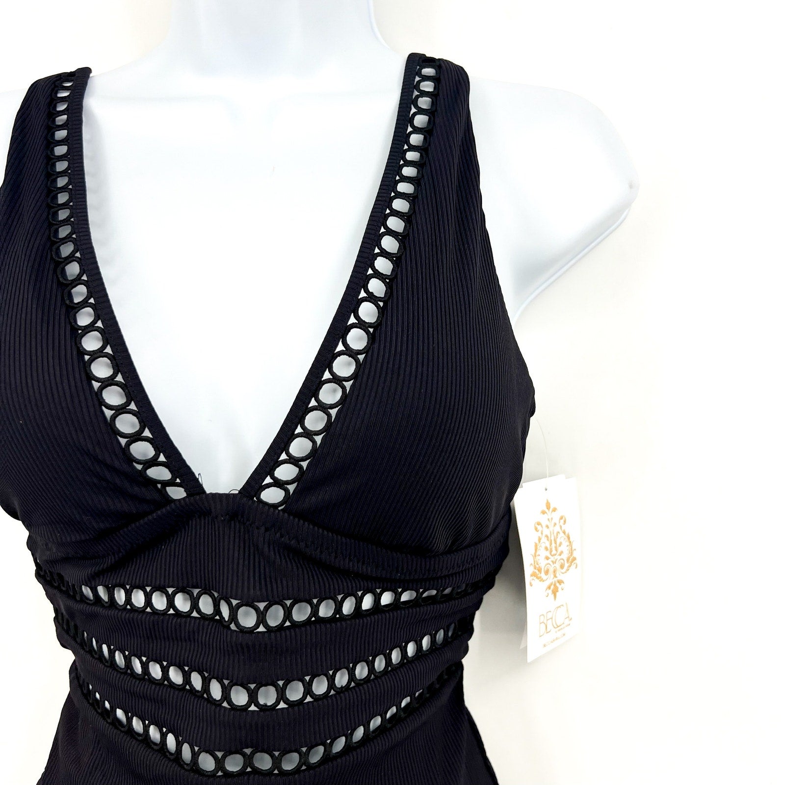 BECCA Women's Toni Plunge One Piece Swimsuit Medium Black Modern Edge Rib NWT