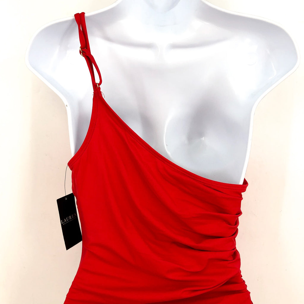 LAUREN RALPH LAUREN Double Strap One Piece Swimsuit Size 6 Red One Shoulder NWT
