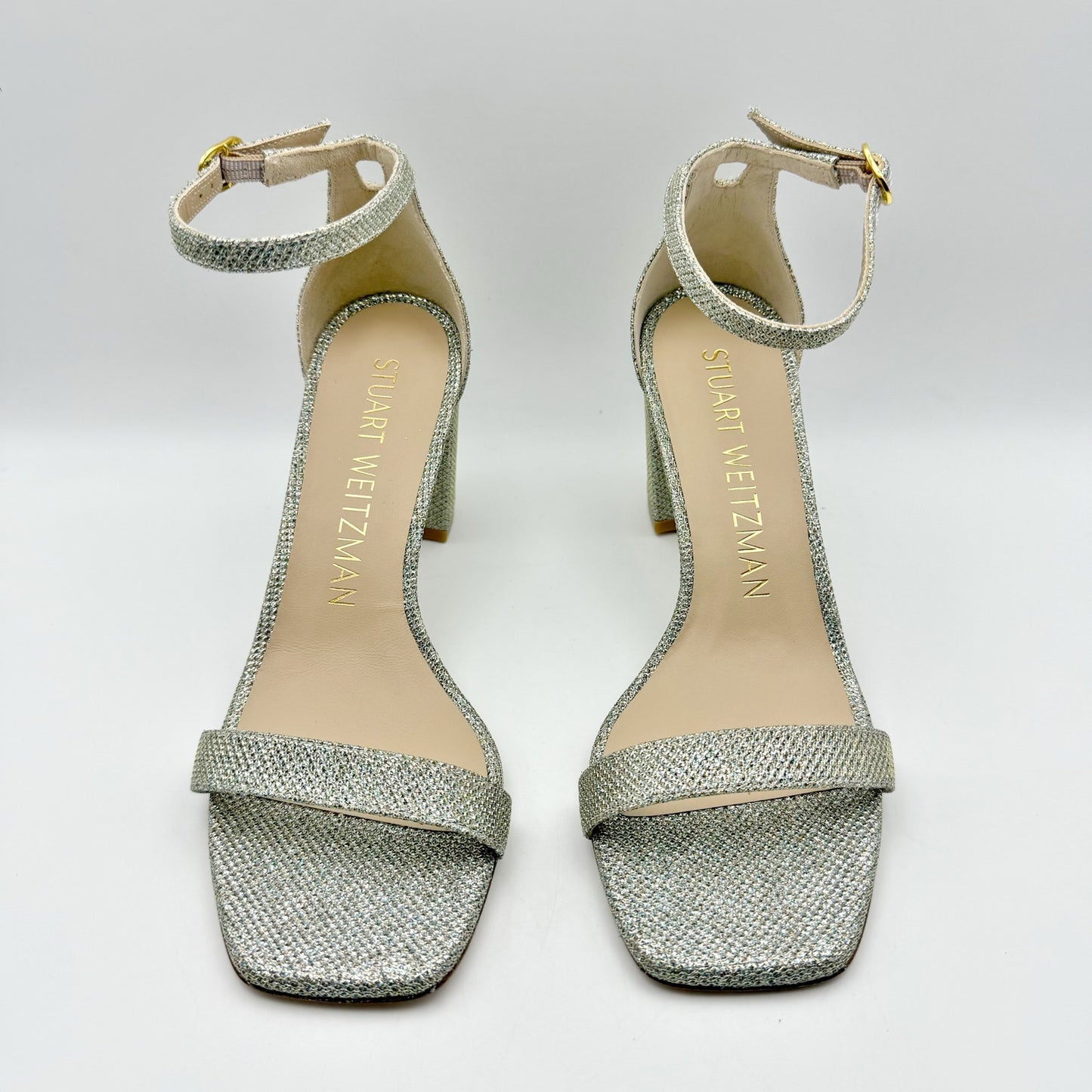 Stuart Weitzman Womens Nudistcurve 75 Block Heeled Sandal US 7.5 B Silver NIB