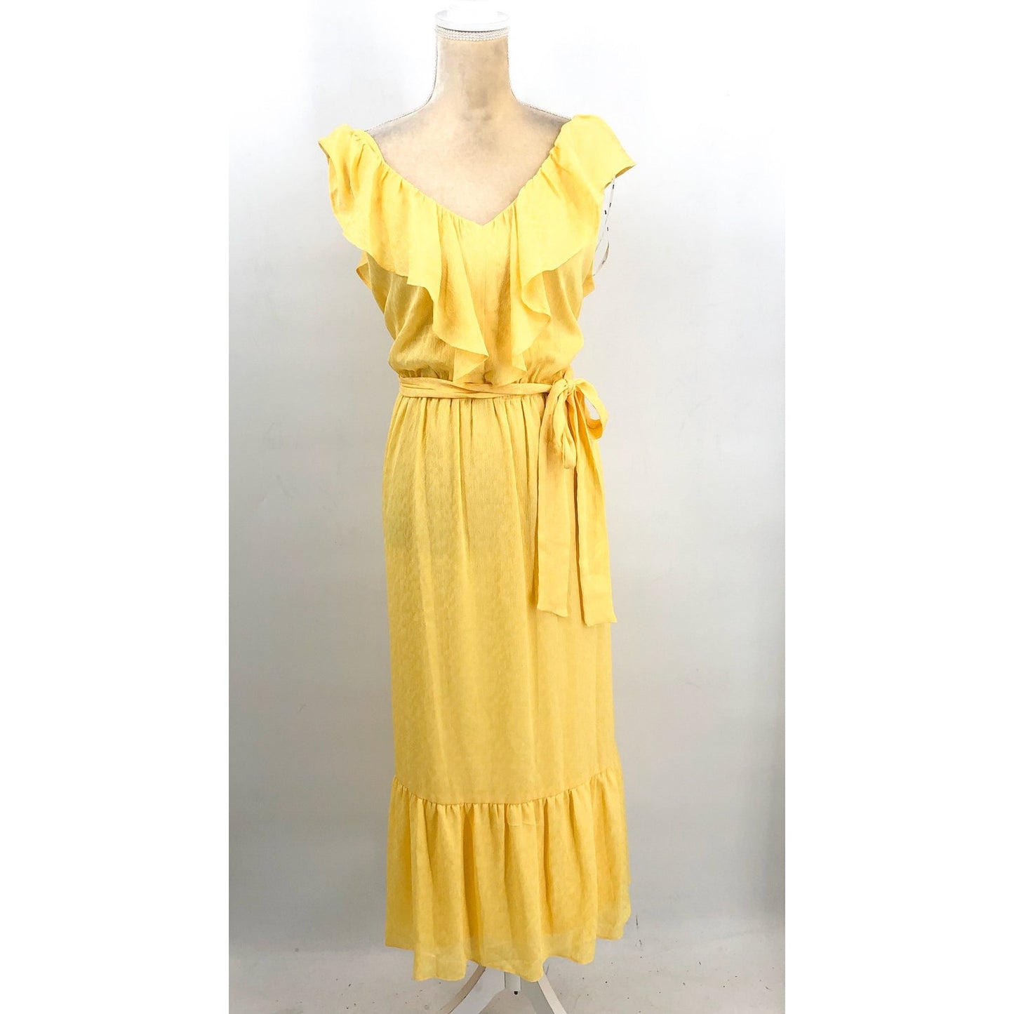 DKNY Womens Ruffle V-Neck Dress Size 16 Yellow Lemonade Tie Waist NWT