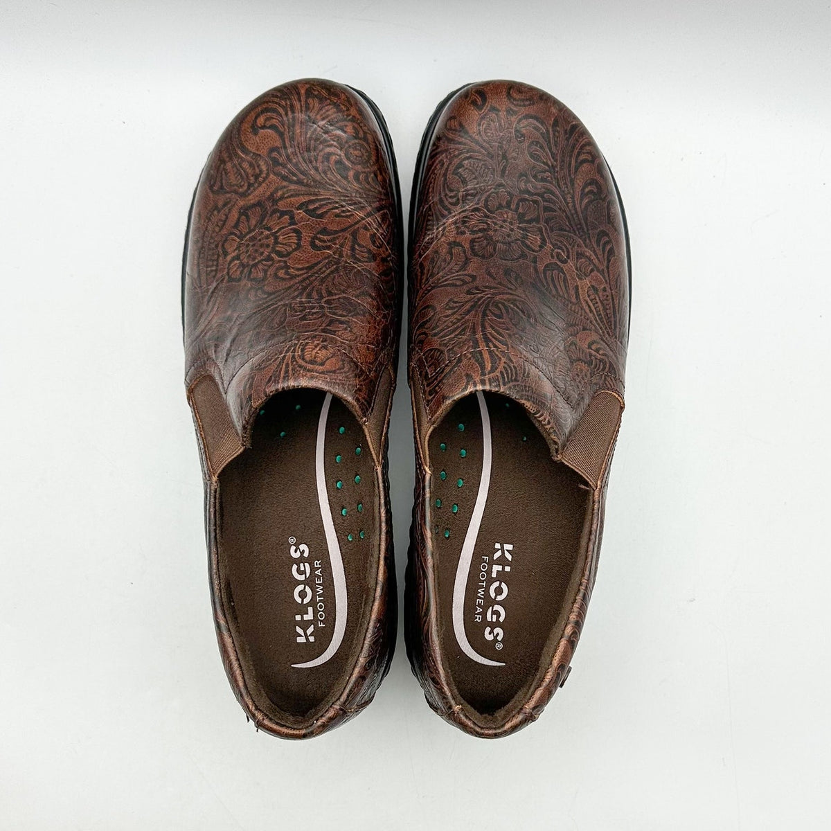 KLOGS FOOTWEAR Womens Naples Clogs Size 10 Wide Brown Embossed Floral SR NWOB