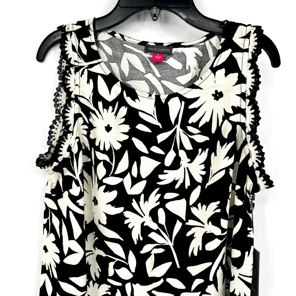 VINCE CAMUTO Women's Floral-Print Top Small Black White Crocheted-Trim NWT