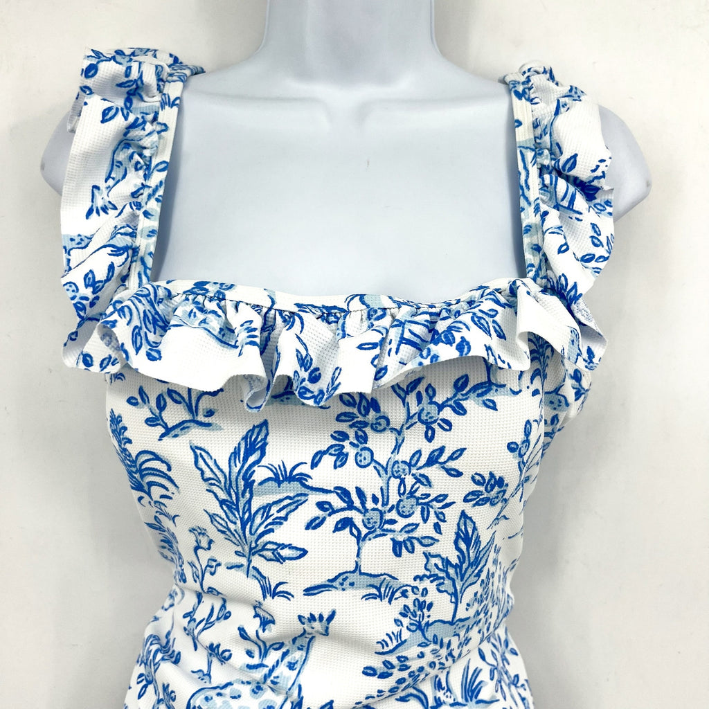 LILLY PULITZER Aemma Ruffle One-piece Swimsuit Size 16 White Blue Tall Tales NWT