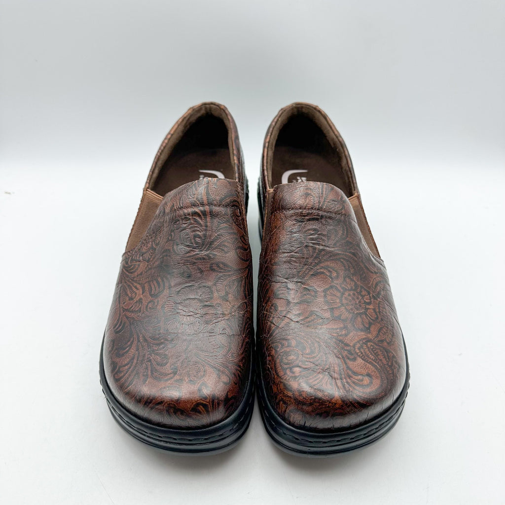 KLOGS FOOTWEAR Womens Naples Clogs Size 10 Wide Brown Embossed Floral SR NWOB