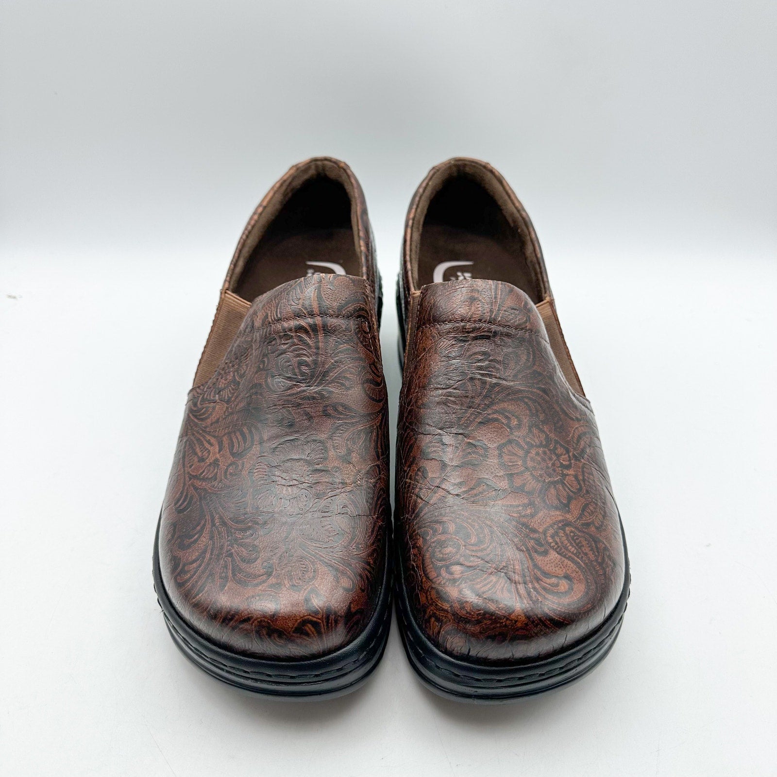 KLOGS FOOTWEAR Womens Naples Clogs Size 10 Wide Brown Embossed Floral SR NWOB