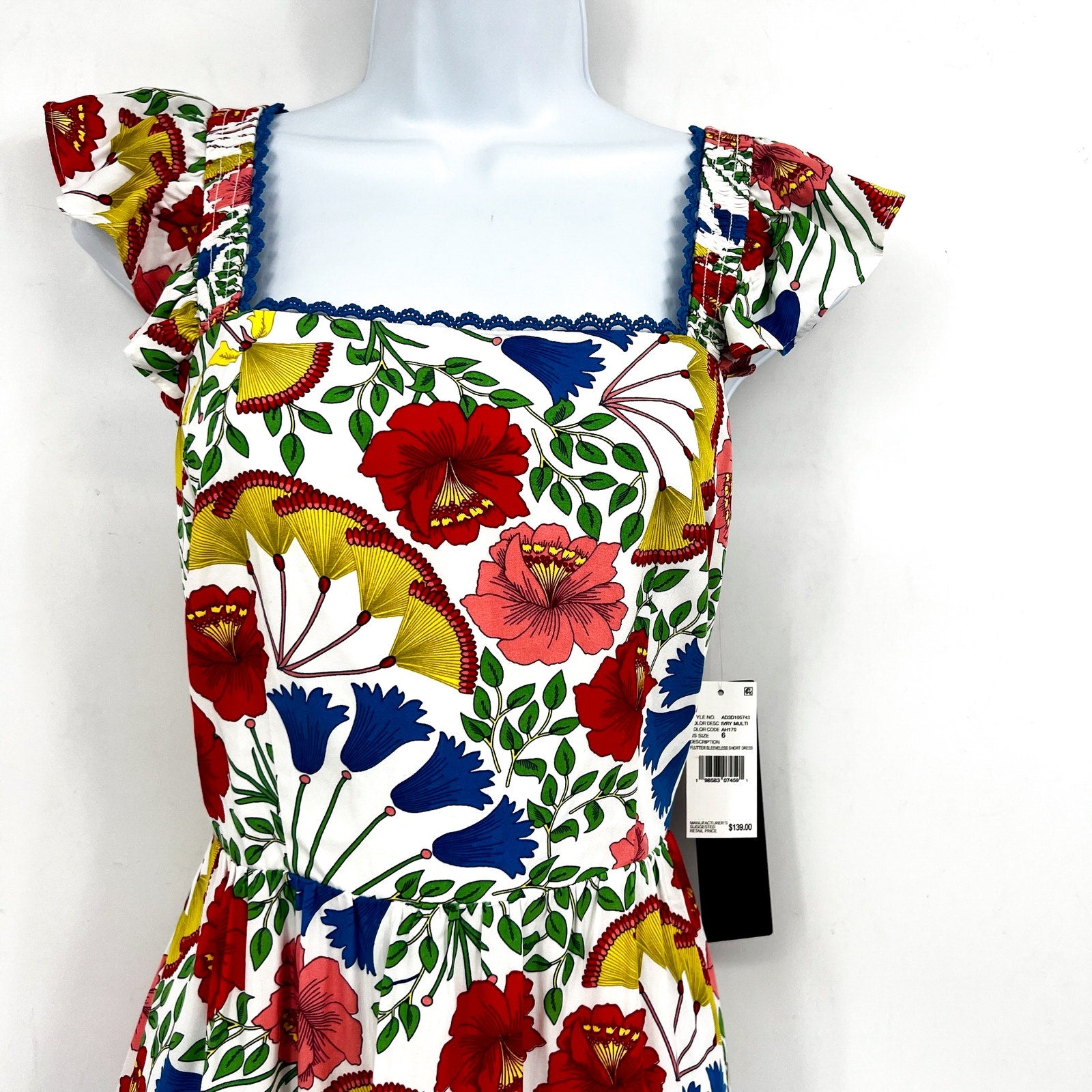 ADRIANNA PAPELL Women's Flutter Sleeveless Short Dress Size 6 White Multi NWT