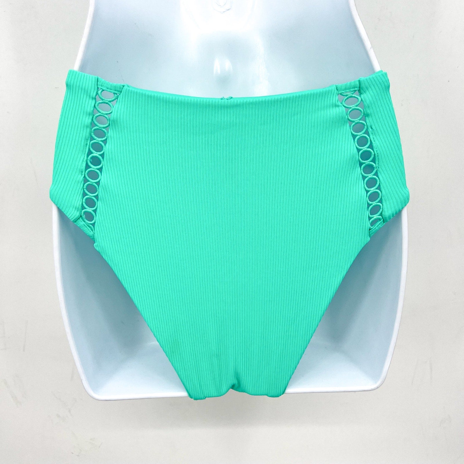 BECCA High Waist Bikini Bottoms Large Green Aqua Sea Modern Edge Cut Out NWT