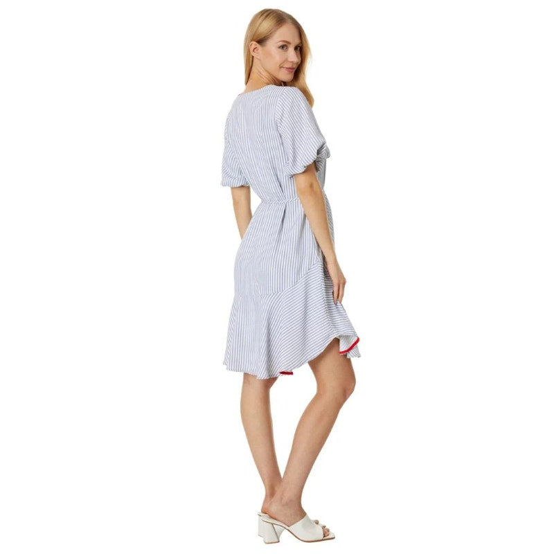 VINCE CAMUTO Women's V-Neck Dress Medium New Ivory Blue Oasis Stripe Belted NWT
