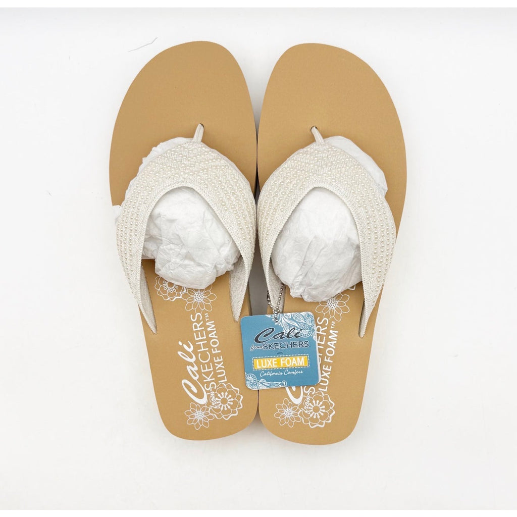 Skechers Women's Summers Mid Wedge Thong Sandals Size 10 EU 40 Off White Tan NIB