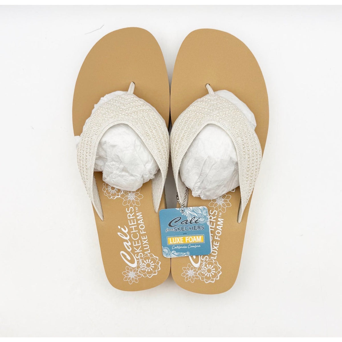 Skechers Women's Summers Mid Wedge Thong Sandals Size 10 EU 40 Off White Tan NIB