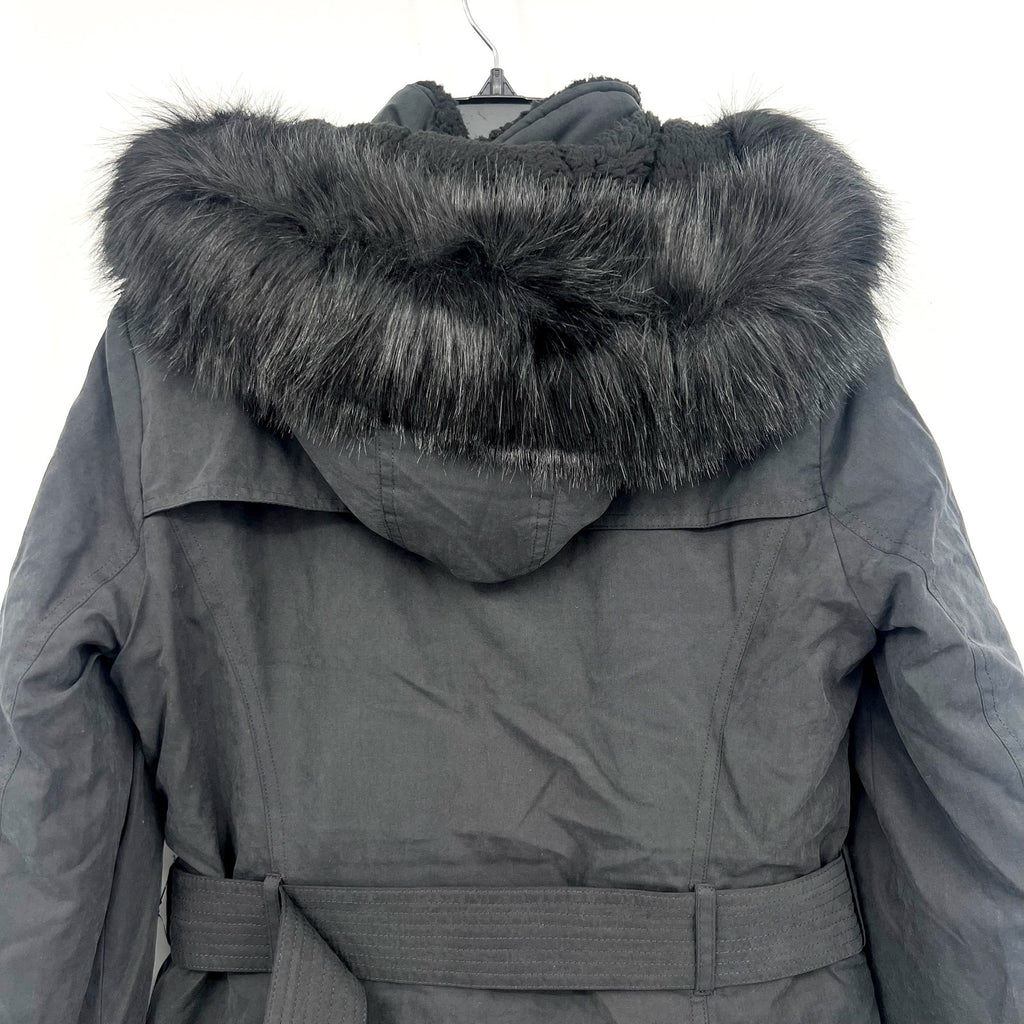 DKNY Women's Faux Fur Hood Anorak Winter Coat XS Black Belted NWT