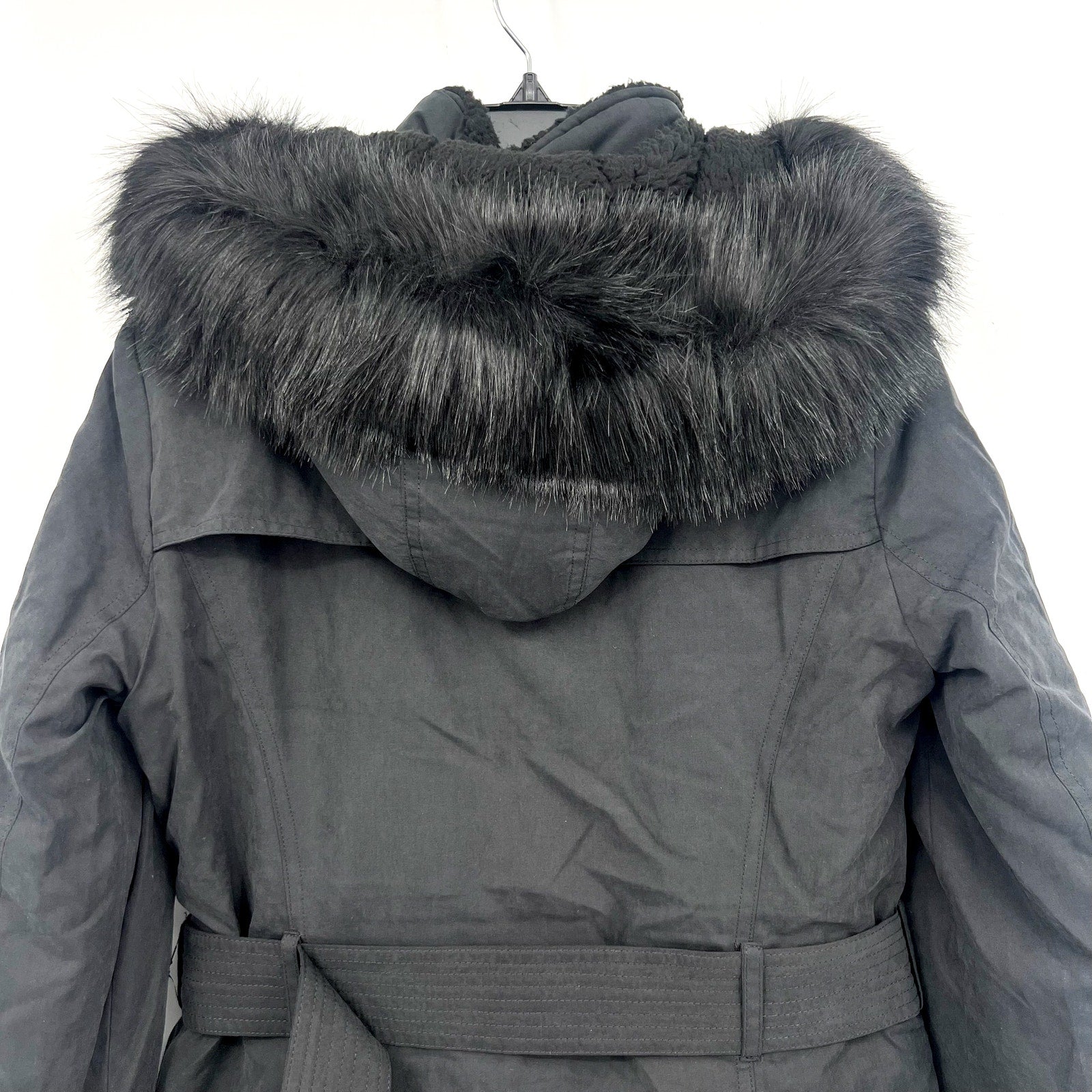 DKNY Women's Faux Fur Hood Anorak Winter Coat XS Black Belted NWT