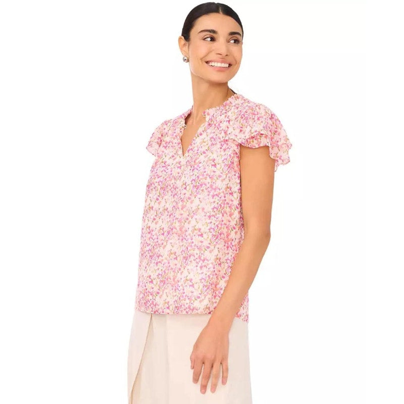 CECE Women's Ruffled Blouse XS Pink Floral Keyhole-Neck Flutter-Sleeve NWT