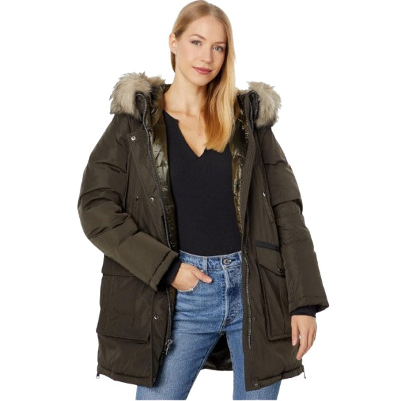 VINCE CAMUTO Heavyweight Hooded Parka Coat Medium Olive Green Faux Fur Trim NWT
