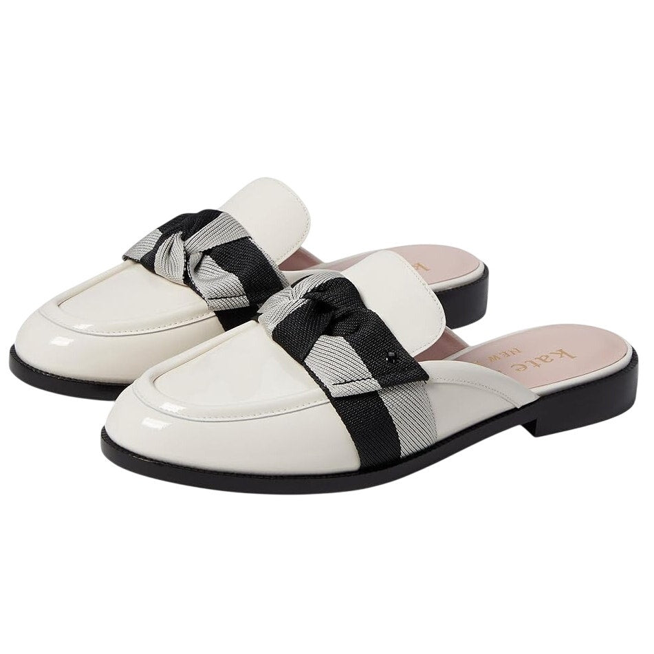 Kate Spade Womens Leandra Mule Loafer Size 9 Cream Patent Leather Twill Bow NIB