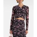 GANNI Women's Floral Mesh Crop Top Size 34 US 2 Black Pink Long Sleeve NWOT