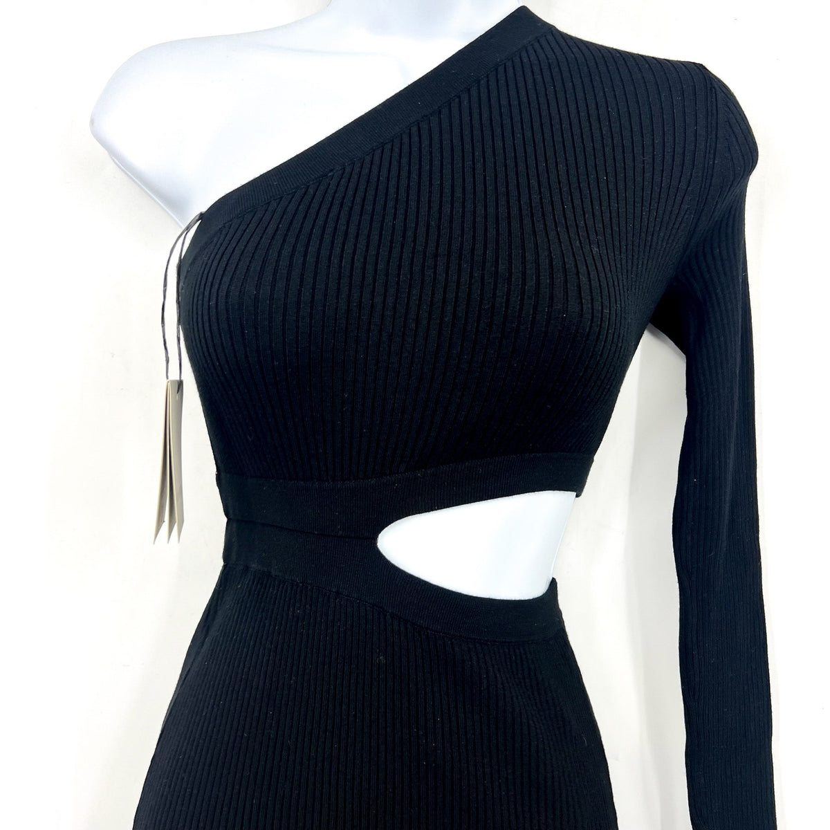 ALLSAINTS Daisy Cut Out Maxi Dress Small Black Asymmetric One Shoulder Knit NWT