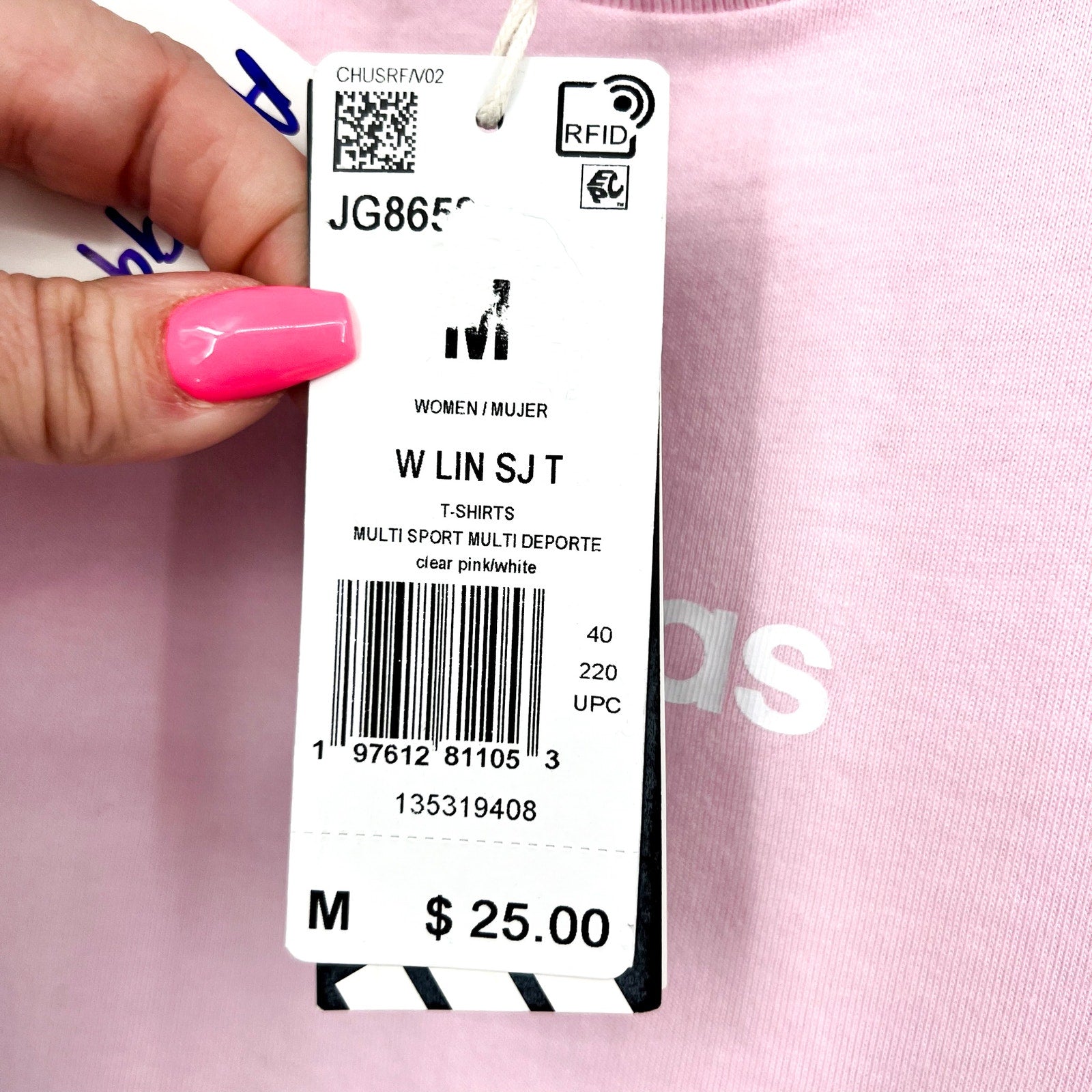 ADIDAS Women's Essentials Linear Cotton Tee Medium Pink White Short Sleeve NWT