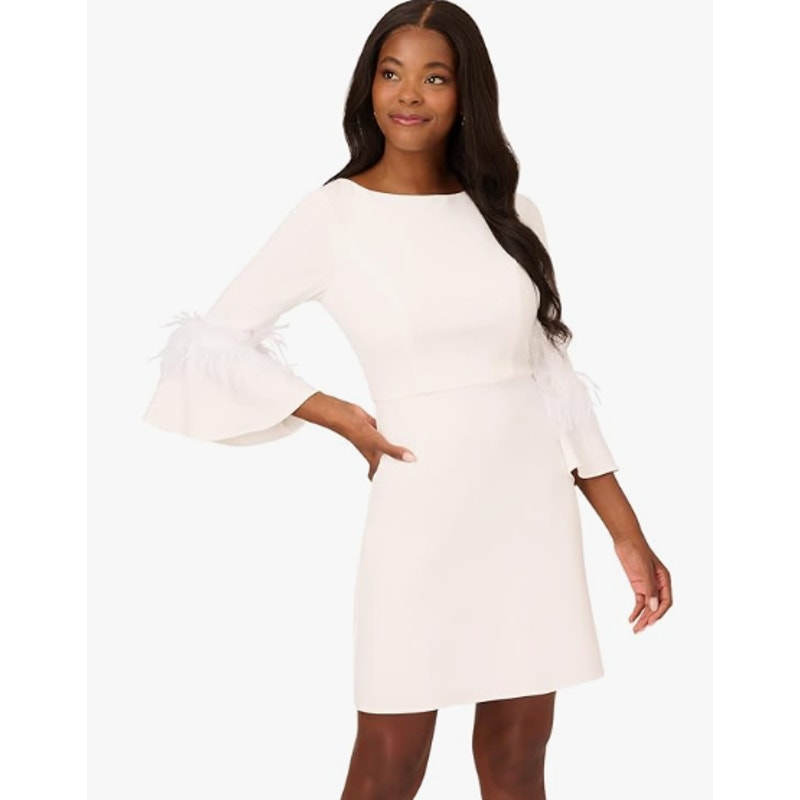 ADRIANNA PAPELL Women's Stretch Crepe Feather Dress Size 4 Ivory Boatneck NWT