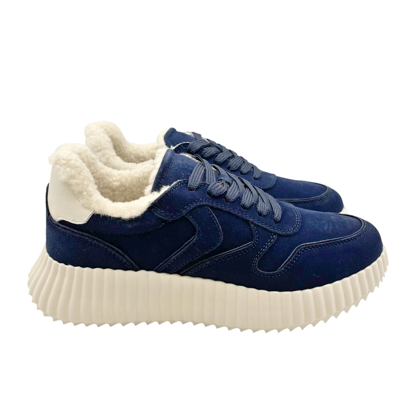 Steve Madden Womens Shereen-Fur Lined Sneakers US 7.5 EU 38 Navy Blue Suede NIB