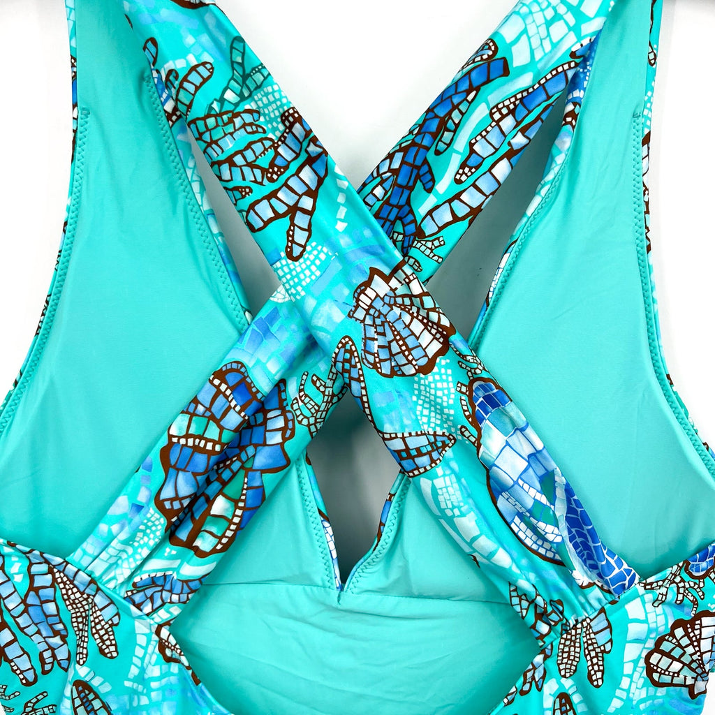 SEAFOLLY La Mer Cross Back One Piece Swimsuit Size 14 Aquatic Blue Print NWT