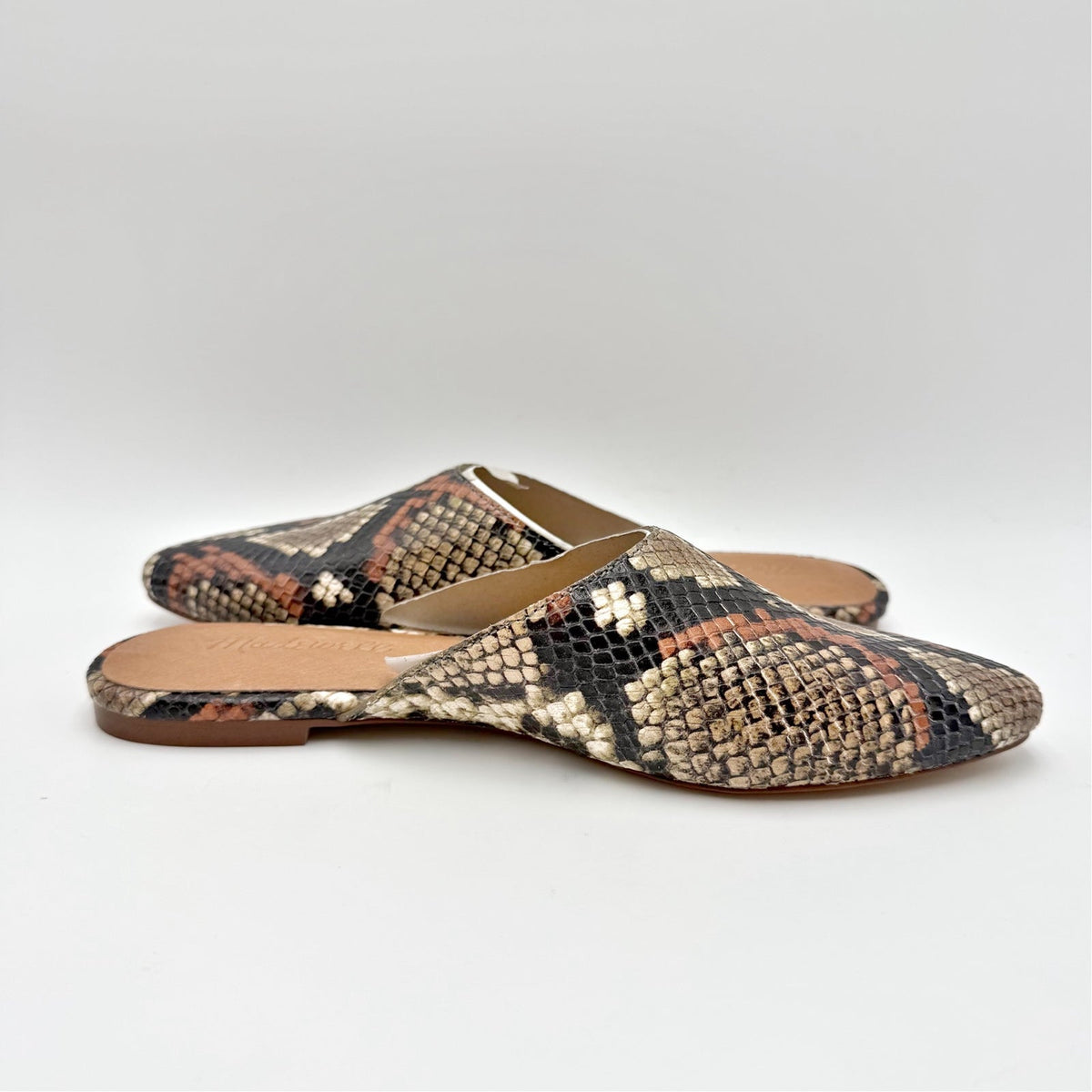 Madewell Womens Remi Mules Size 6 M Brown Leather Snake Print Slide Flats NIB