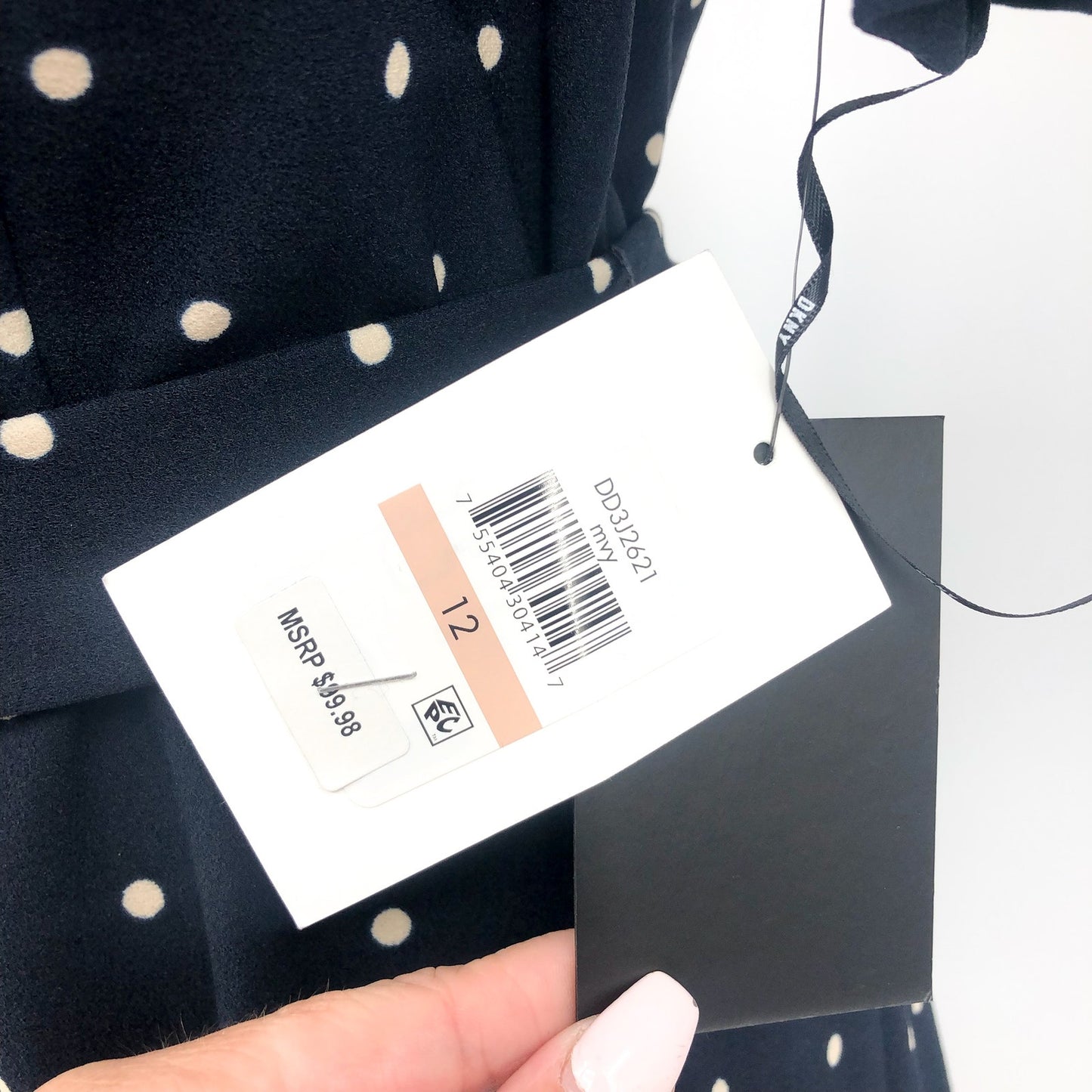 DKNY Women's Polka-Dot Puff-Sleeve Midi Dress Size 12 Navy Waist Tie Belt NWT