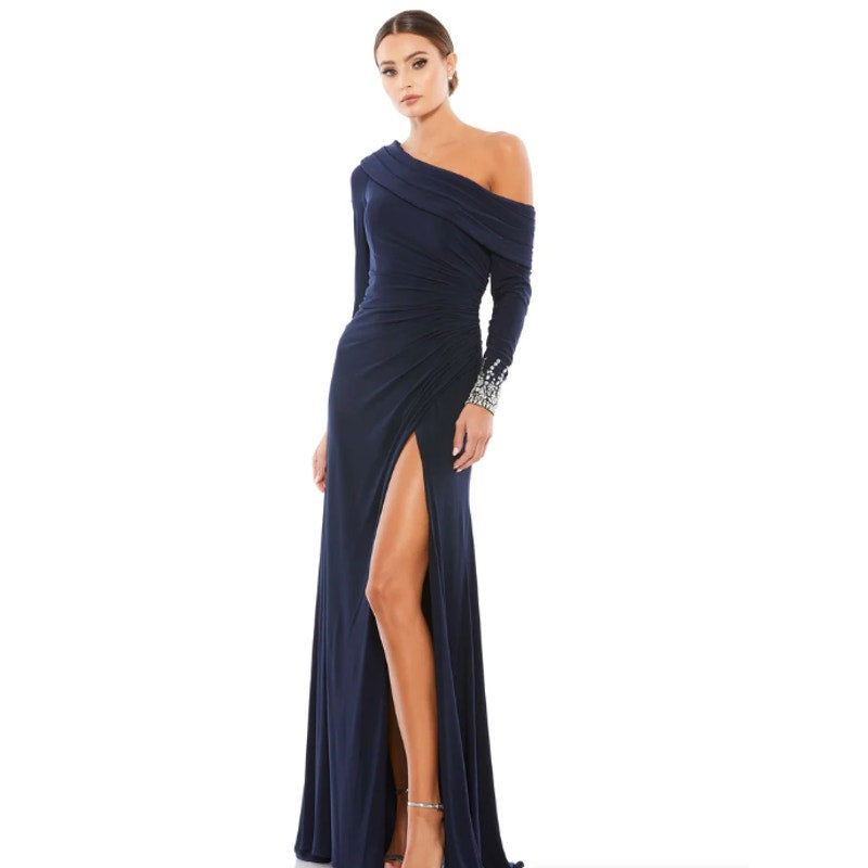 MAC DUGGAL Beaded Cuff Drop Shoulder Gown Size 16 Midnight Navy Blue Formal NWT