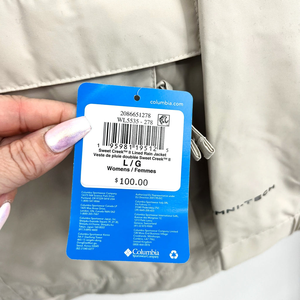 COLUMBIA Women Sweet Creek II Lined Rain Jacket Large Dark Stone Waterproof NWT
