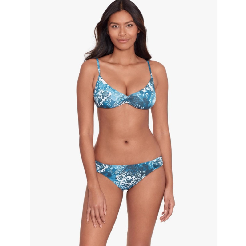 LAUREN RALPH LAUREN Patchwork Bikini Top Size 10 Blue Indigo Scoop Shirred NWT
