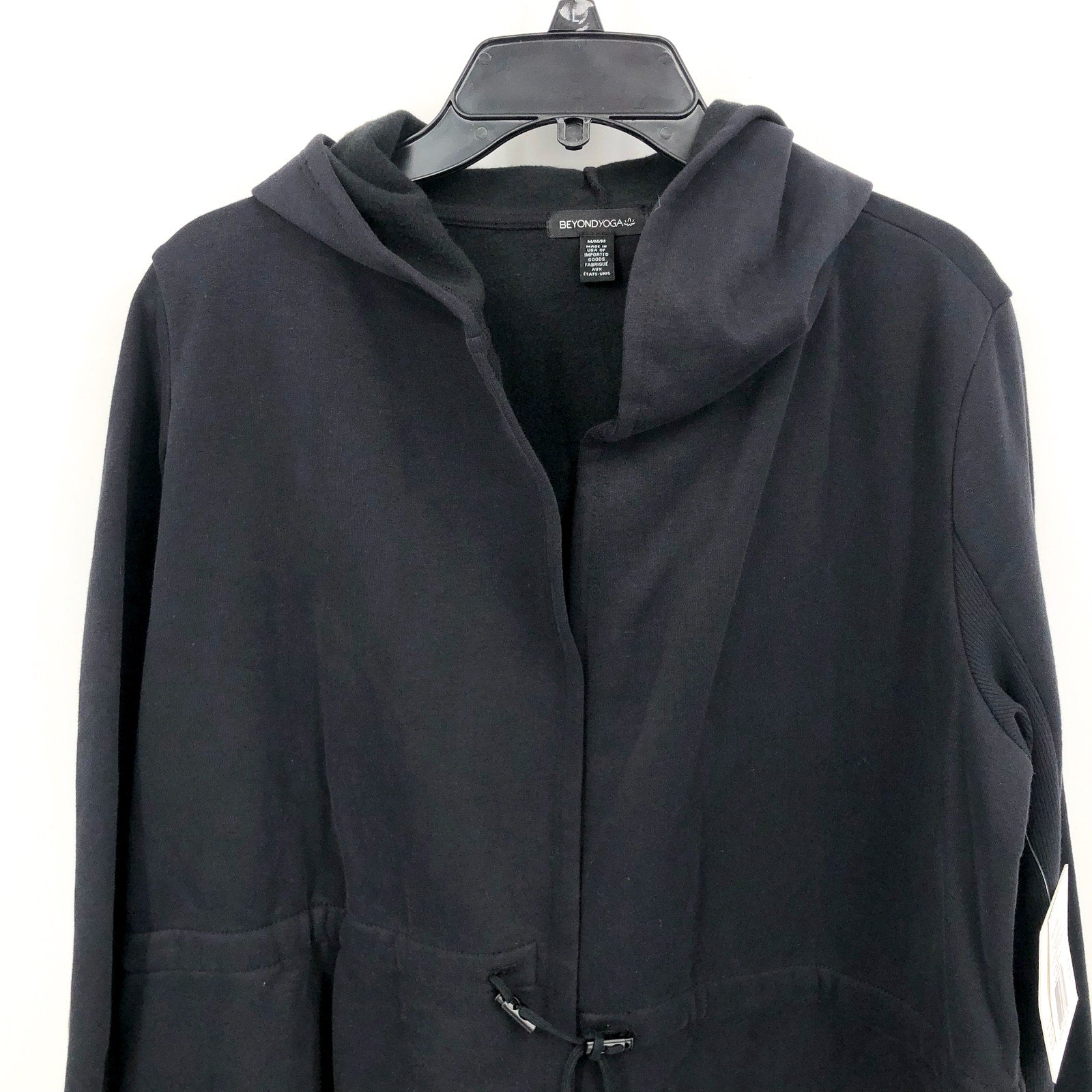 Beyond Yoga Womens Luxe Fleece Hooded Jacket Medium Black Open Front NWT