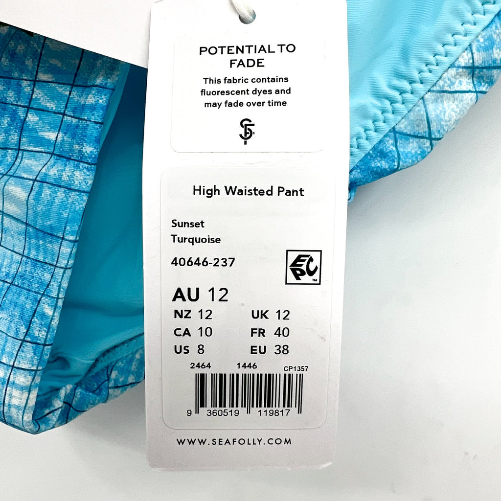 SEAFOLLY Womens Sunset Bikini Bottom Size 8 Turquoise Print High Waist Pant NWT
