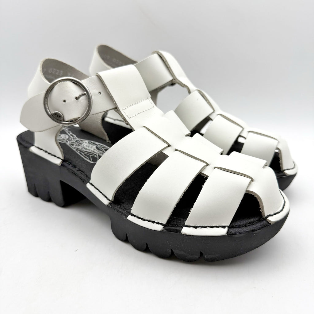 Fly London Womens Emme511fly Heeled Sandals EU 36 US 5.5 White Black Leather NIB